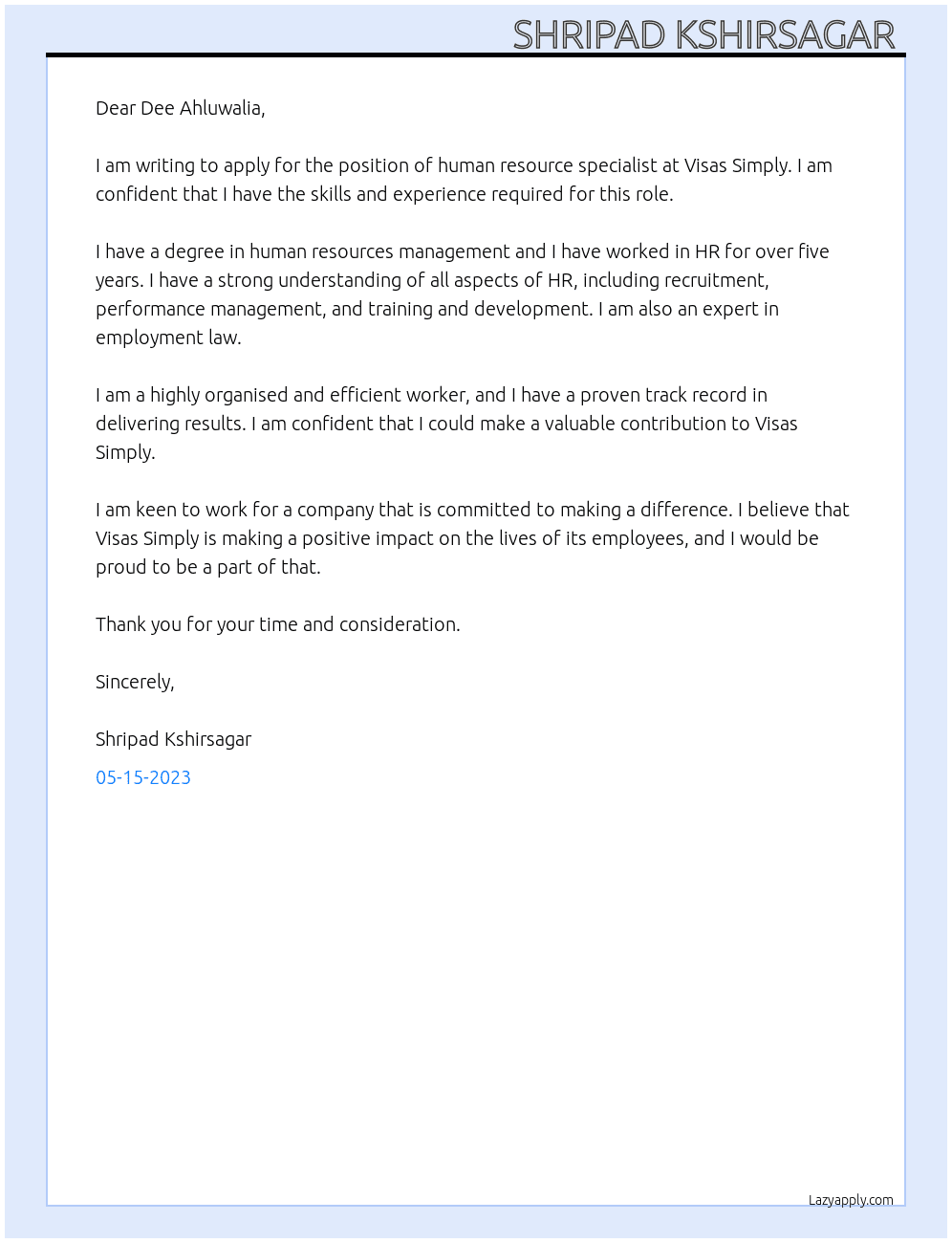 human resource specialist At Visas Simply Cover Letter