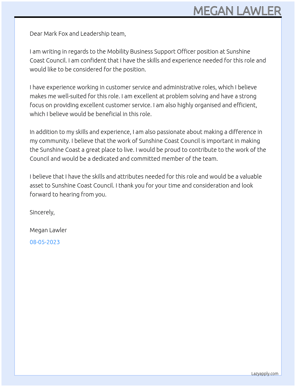 Mobility Business Support Officer At Sunshine Coast Council Cover Letter