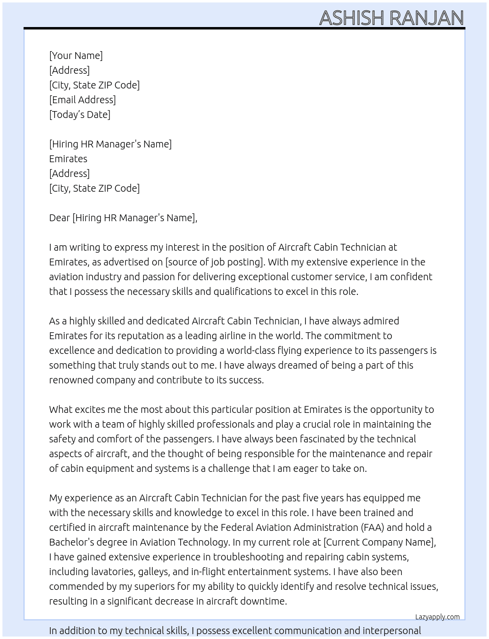 Cover letter for aircraft cabin technician - LazyApply