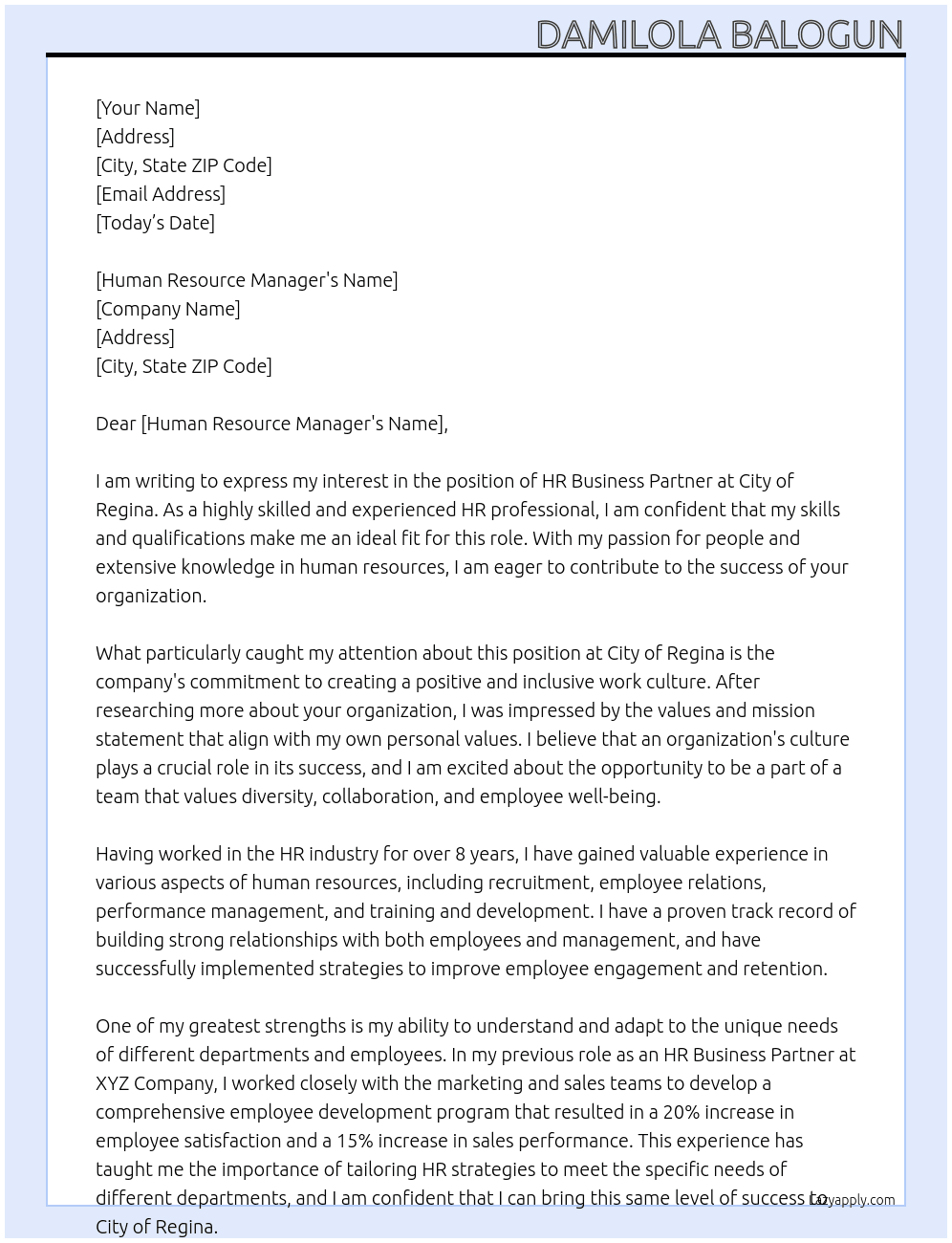 HR Business Partner At City of Regina Cover Letter