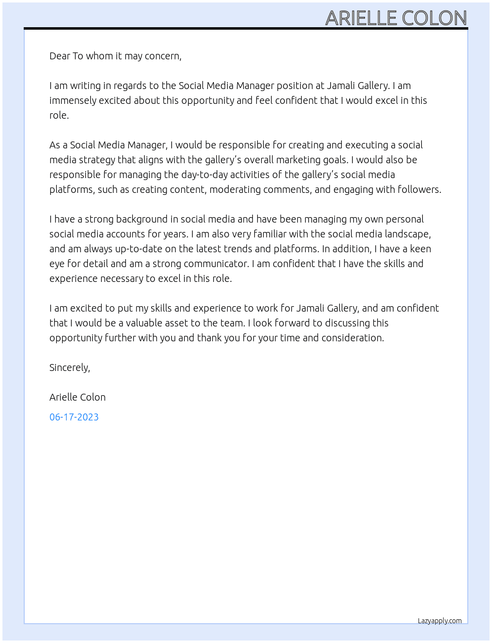 Social Media Manager At Jamali Gallery Cover Letter
