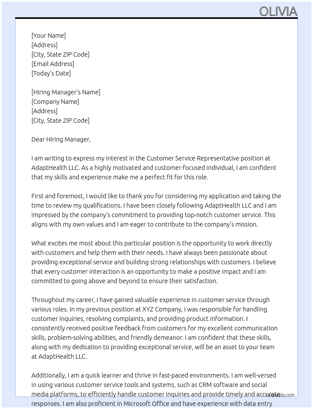 Customer Service Representative At AdaptHealth LLC Cover Letter