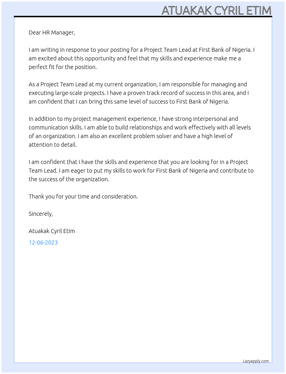 Project Team Lead At First Bank of Nigeria Cover Letter