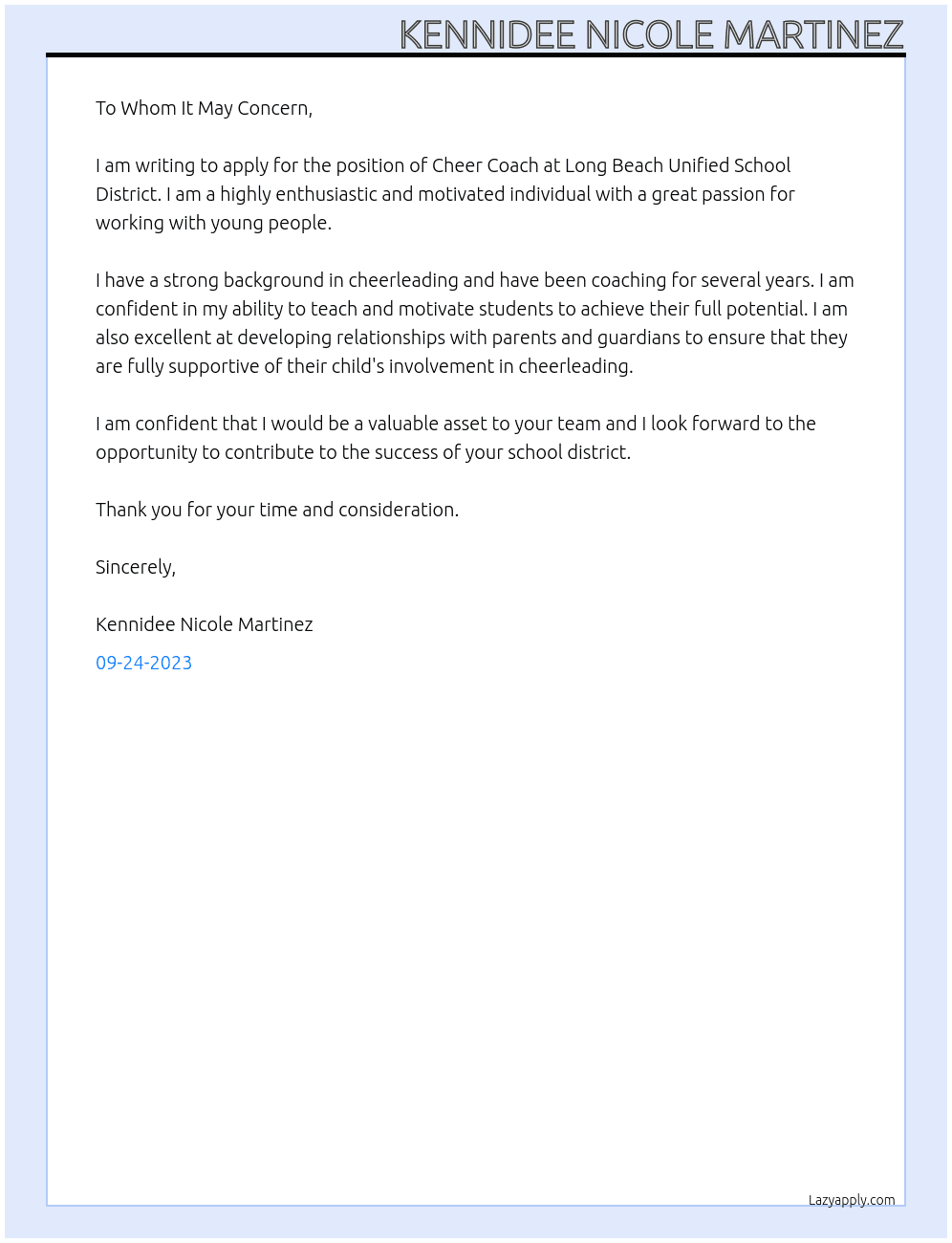 Cheer Coach At Long Beach Unified School District Cover Letter