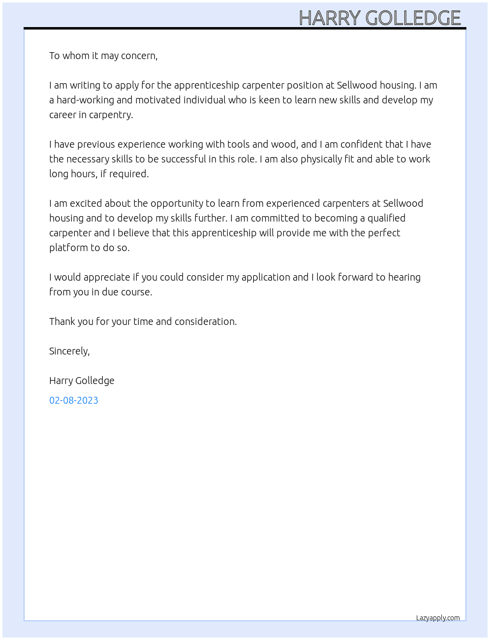 Cover letter for apprenticeship carpenter - LazyApply