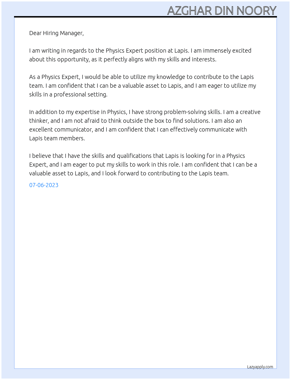 Physics Expert At Lapis Cover Letter