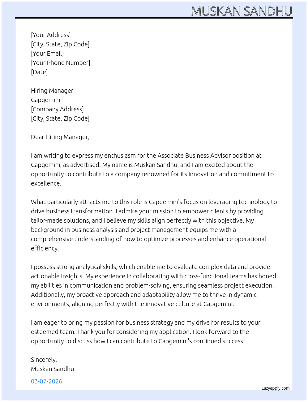 Associate Business Advisor At Capgemini Cover Letter