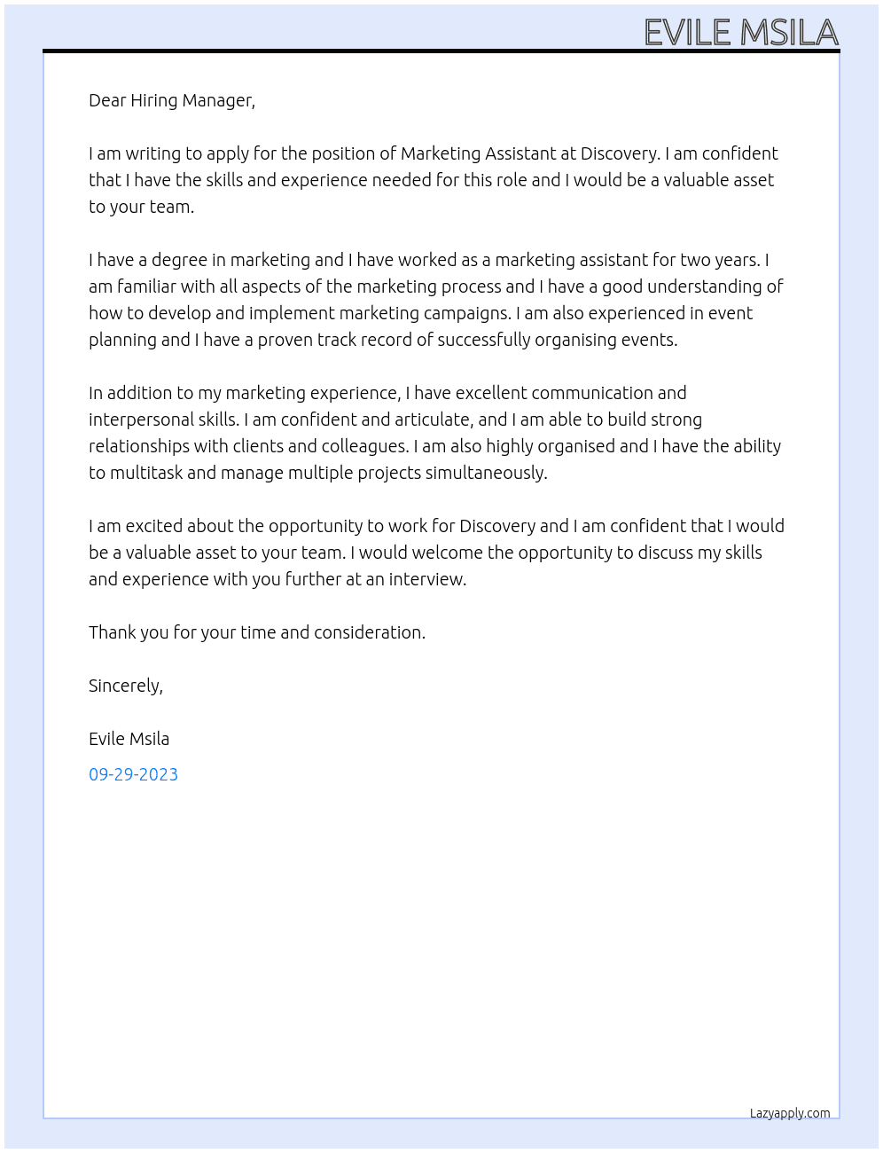 Marketing Assistant  At Discovery Cover Letter