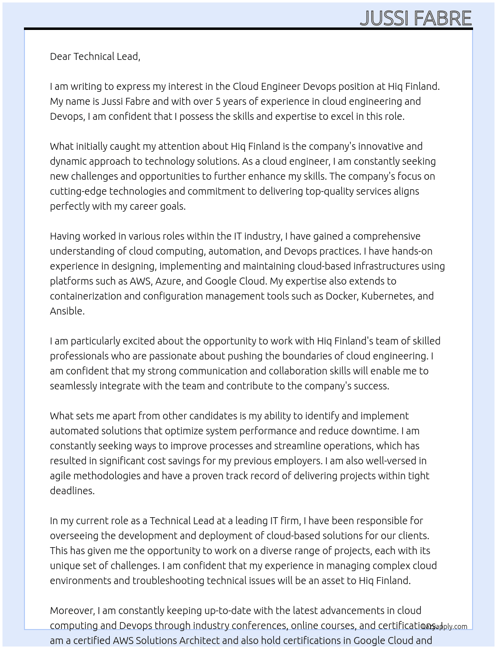 Cloud engineer Devops At Hiq Finland Cover Letter