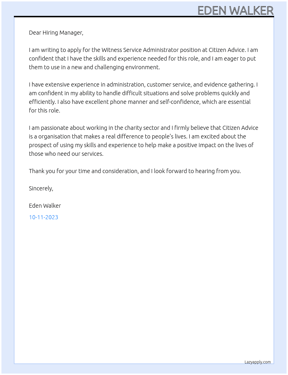 Witness Service Administrator At Citizen Advice Cover Letter