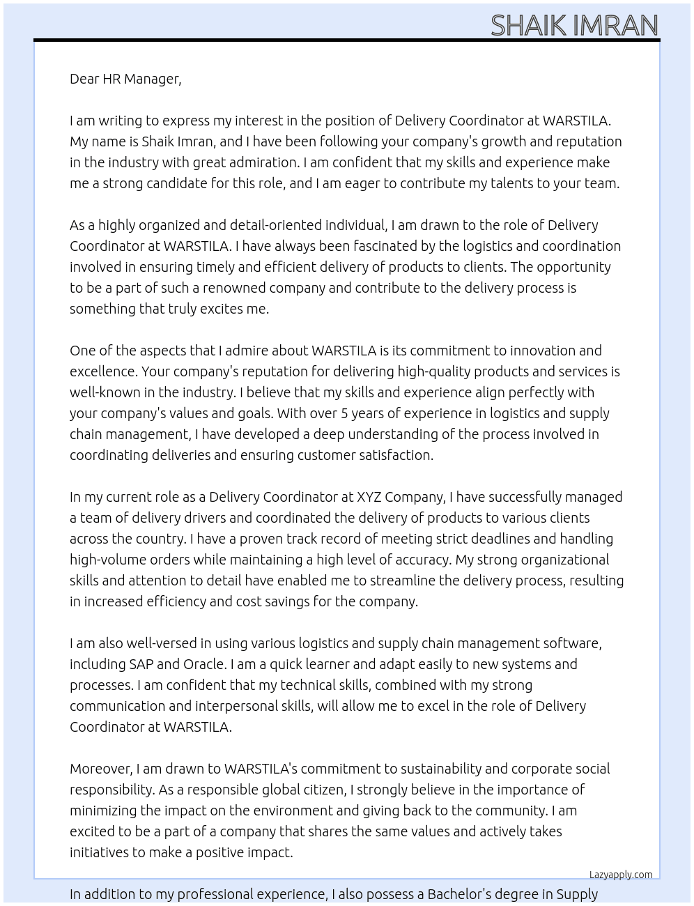 Delivery Coordinator At WARSTILA Cover Letter