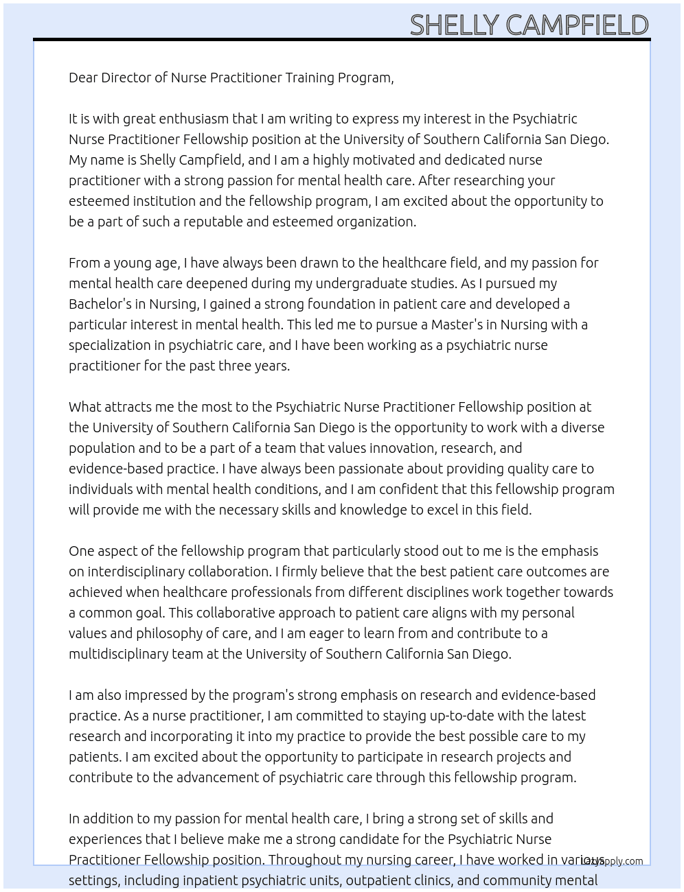 Psychiatric Nurse Practitioner Fellowship At University of Southern California San Diego Cover Letter
