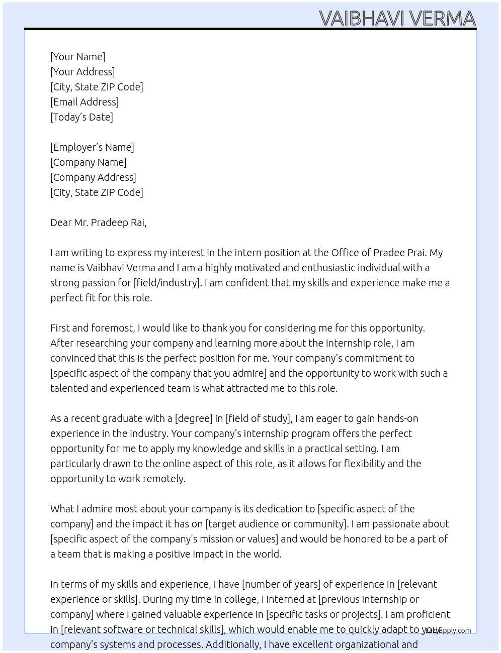 intern At office of pradee prai Cover Letter