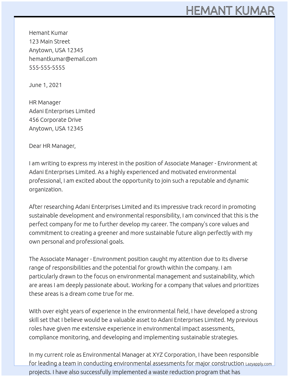 Associate Manager - Environment At Adani Enterprises Limited Cover Letter