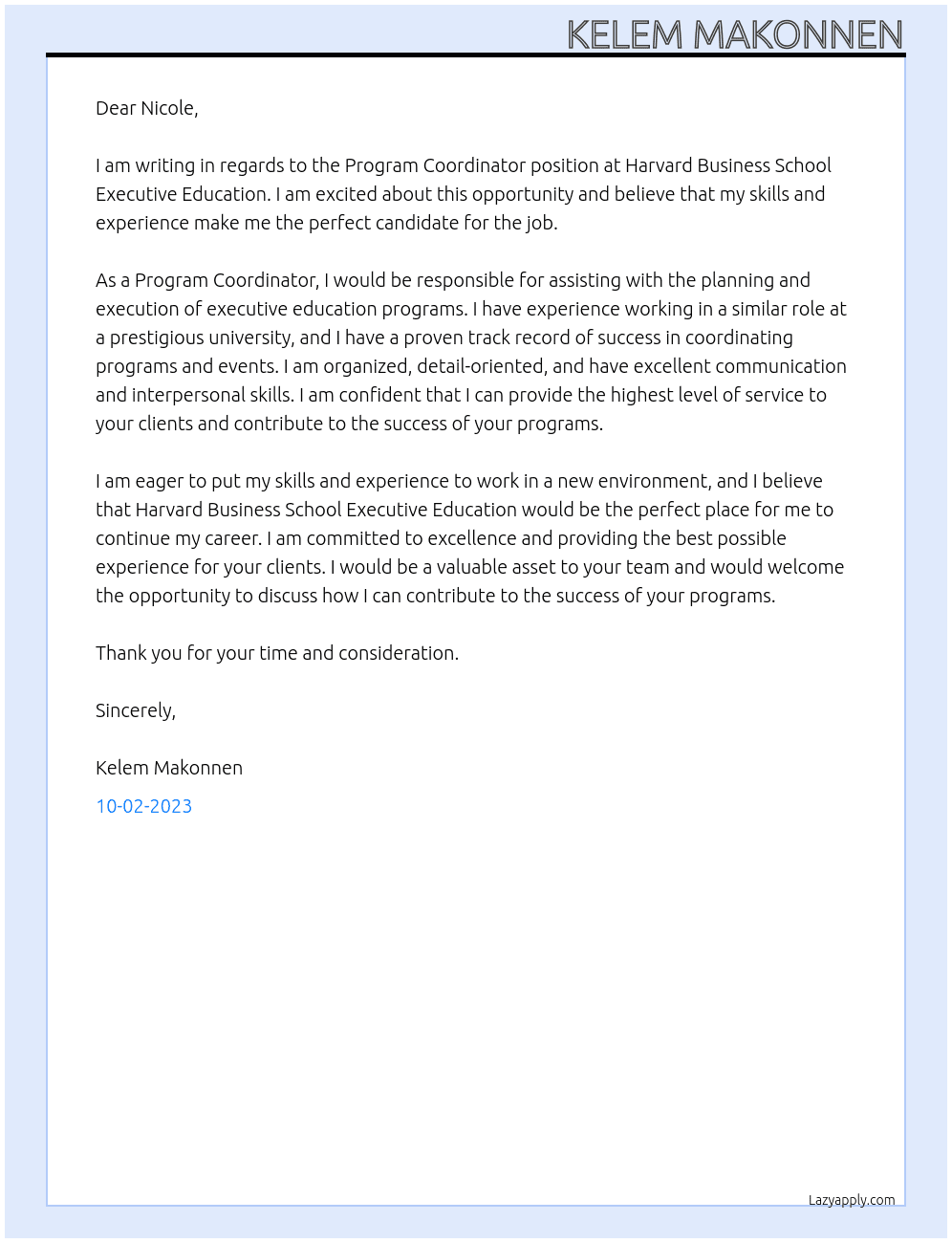 Program Coordinator At Harvard Business School Executive Education Cover Letter