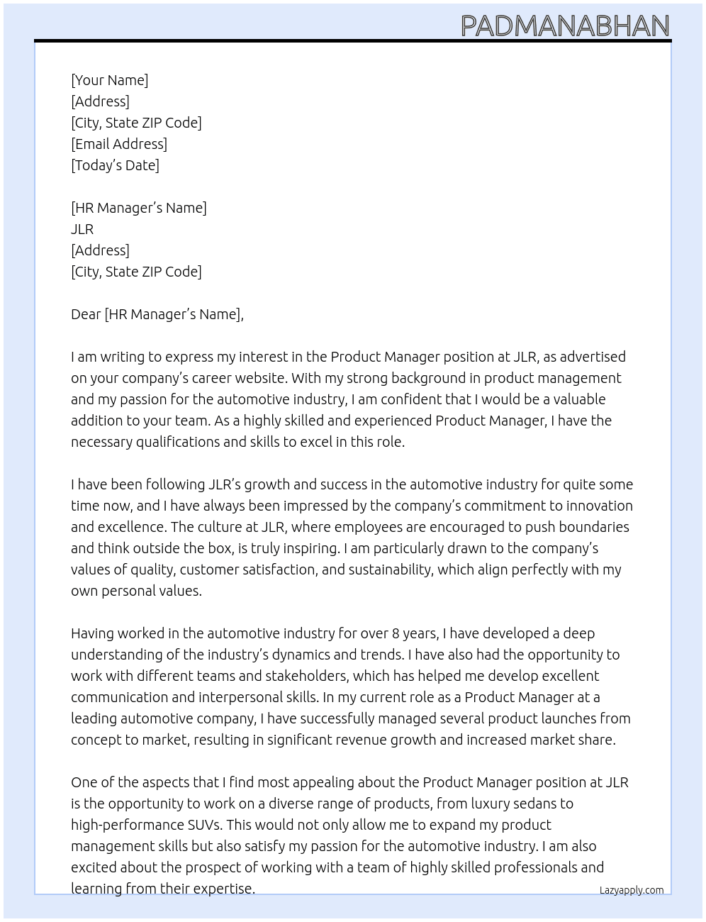 Product Manager At JLR Cover Letter