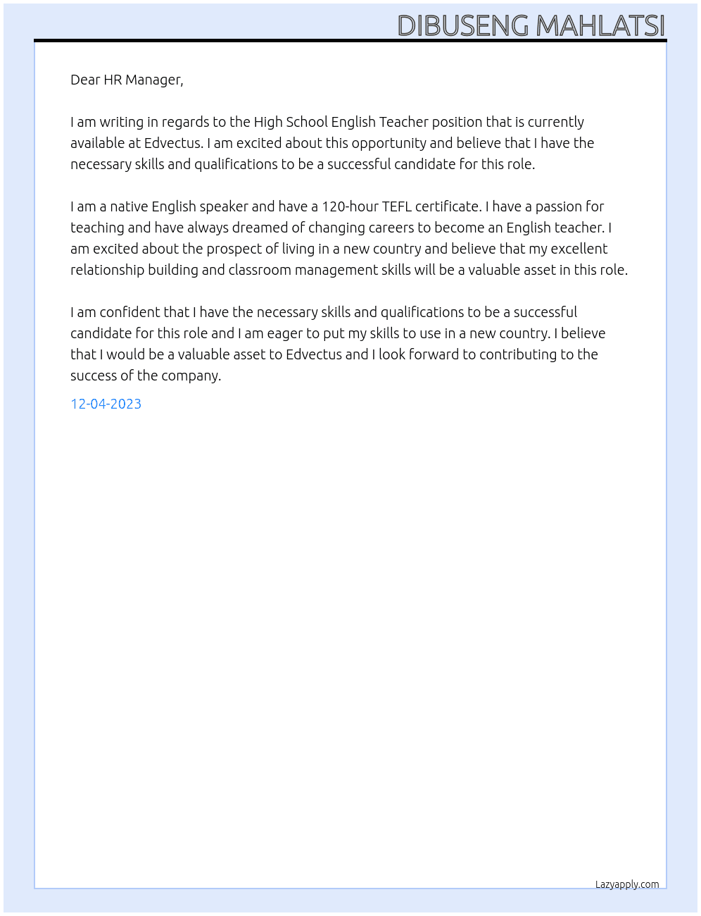 High School English Teacher At Edvectus Cover Letter