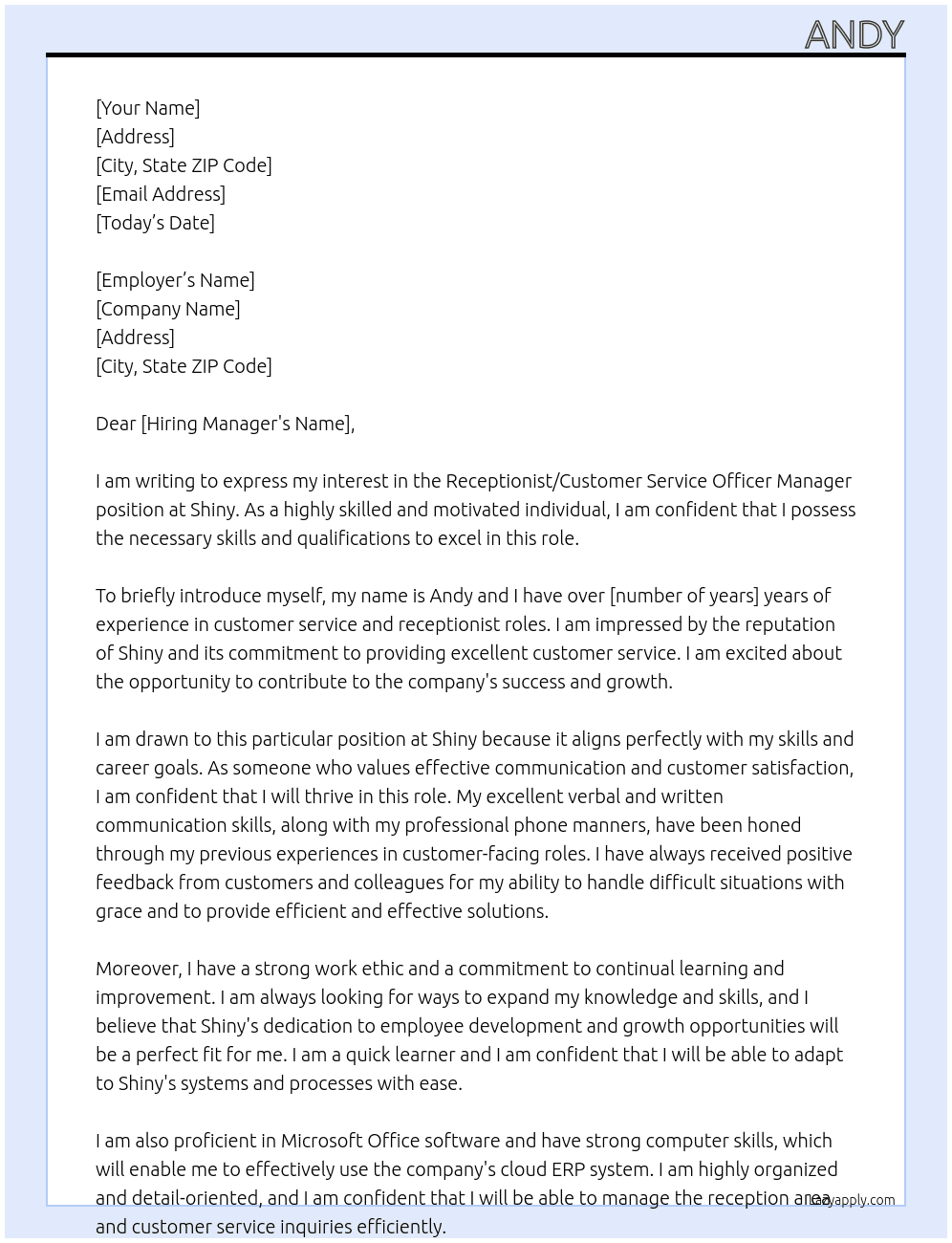Receptionist/Customer Service Officer Manager At Shiny Cover Letter