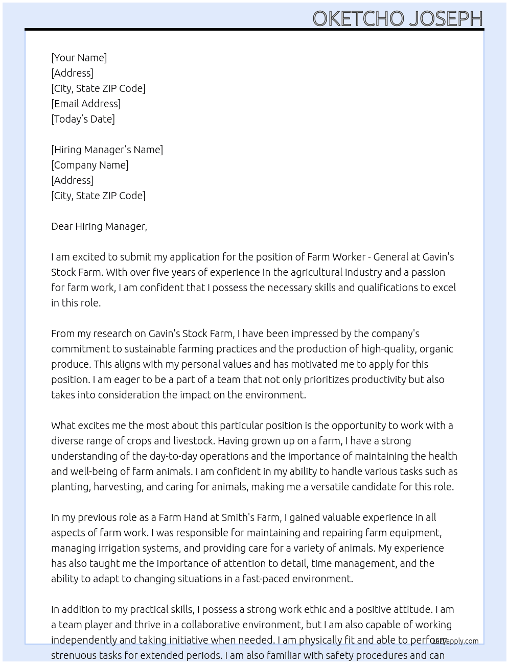 Farm worker- General  At GAVIN'S STOCK FARM Cover Letter