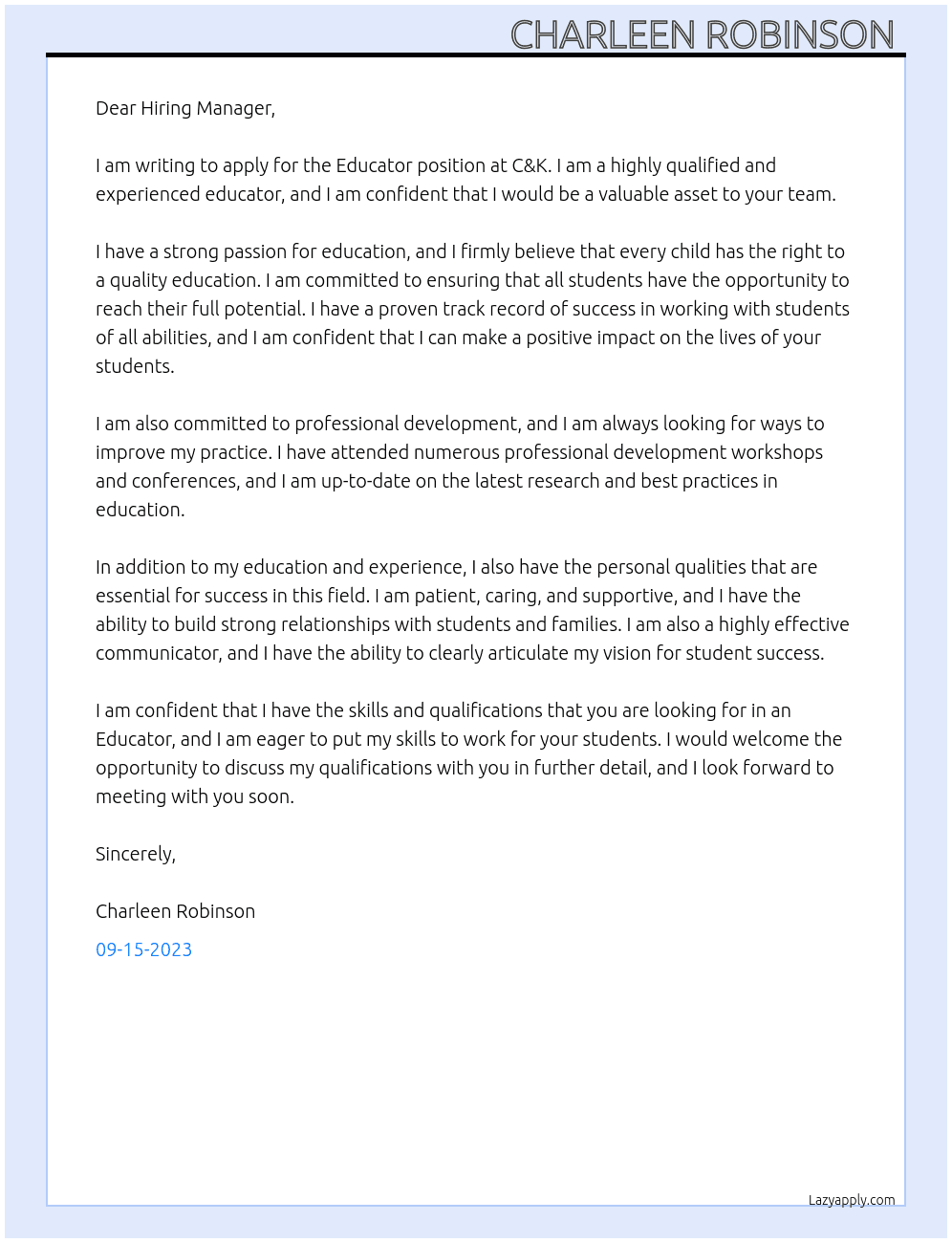 Educator  At C&K Cover Letter