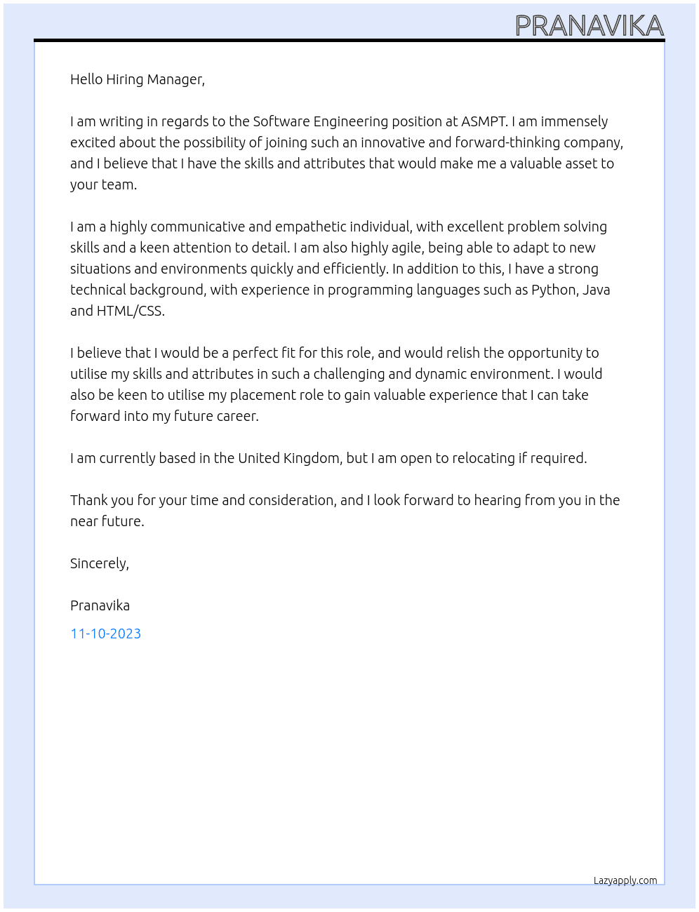 Software Engineering  At ASMPT Cover Letter