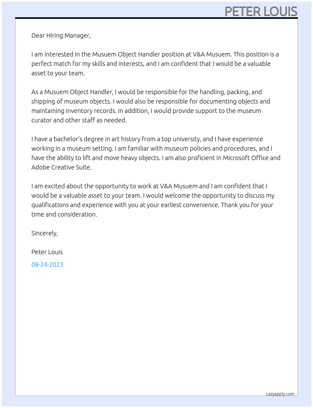 Musuem Object Handler At V&A Musuem Cover Letter