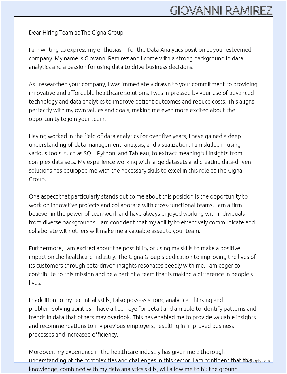 Data Analytics  At The Cigna Group Cover Letter