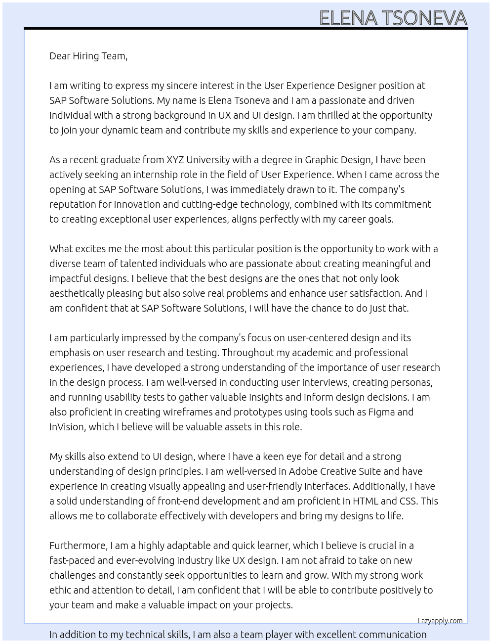 User Experience Designer At SAP Software Solutions Cover Letter