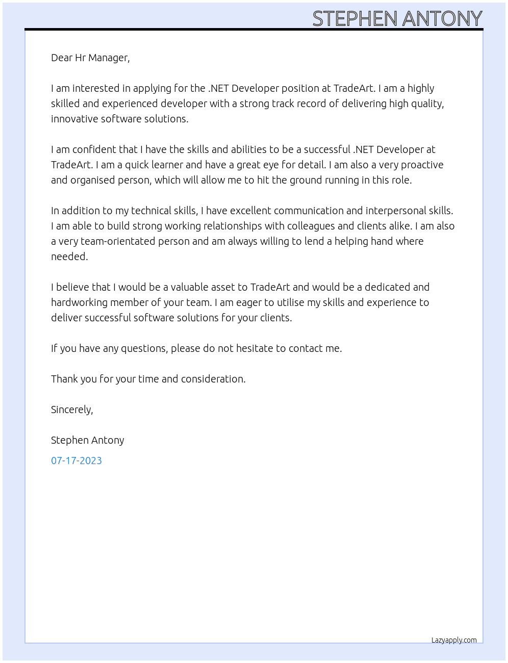 .NET Developer At TradeArt Cover Letter
