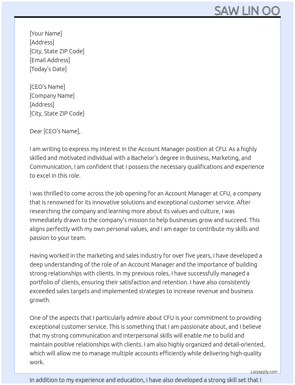 account manger At CFU Cover Letter