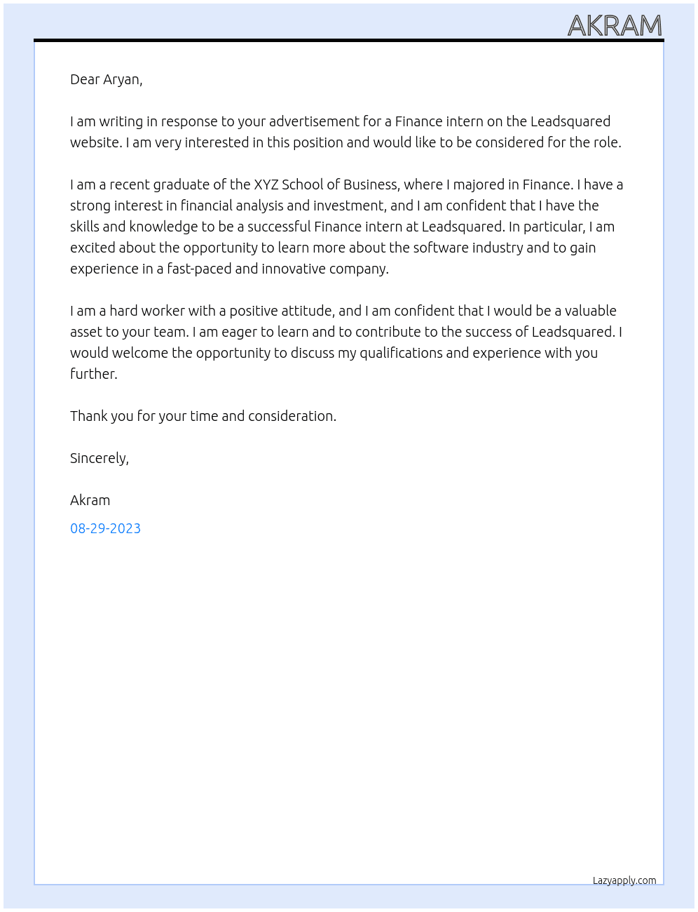 Finance intern  At Leadsquared Cover Letter