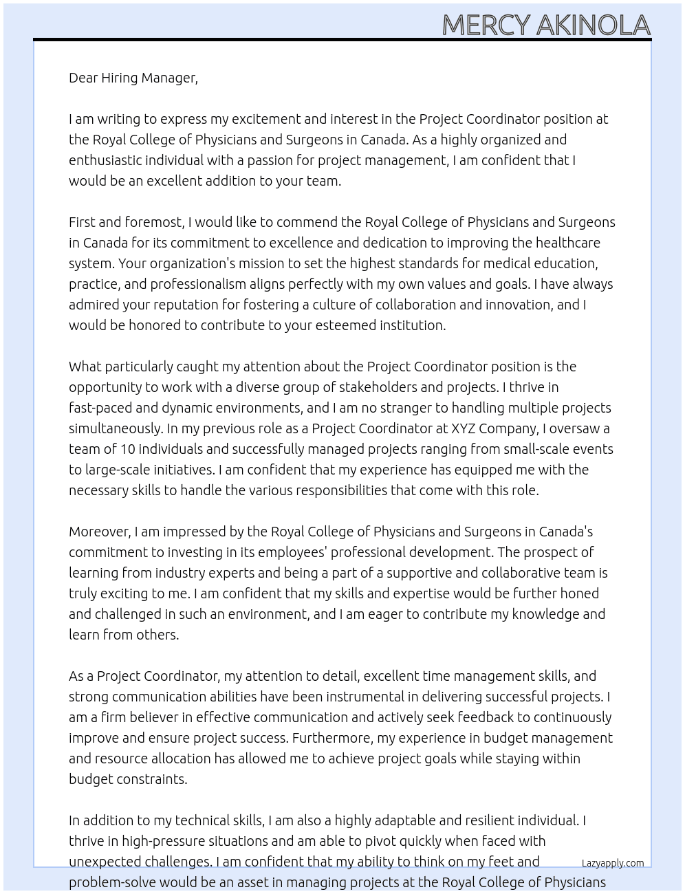 Project Coordinator At Royal College of Physicians and Surgeons in Canada  Cover Letter