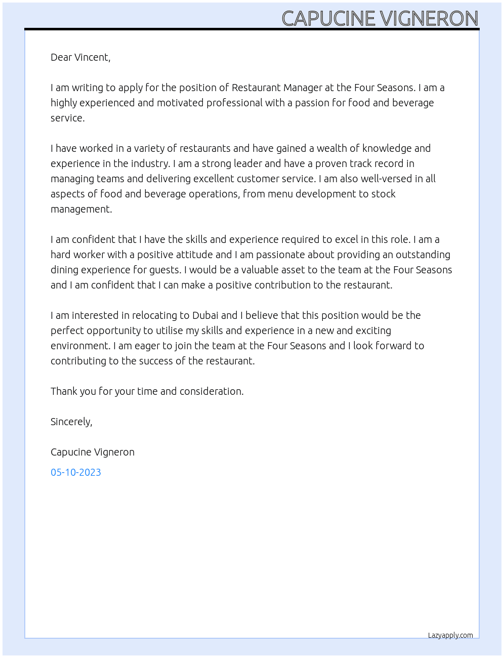 Restaurant Manager At Four Seasons Cover Letter