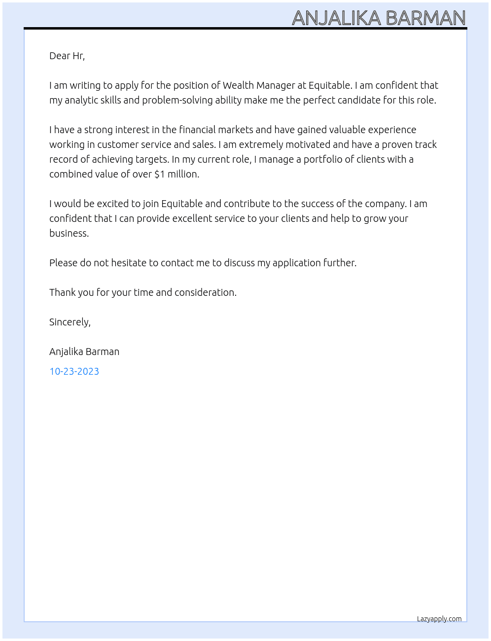 Wealth management At Equitable Cover Letter