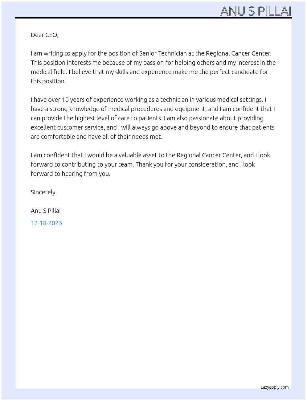 Senior technician At Regional Cancer Center Cover Letter