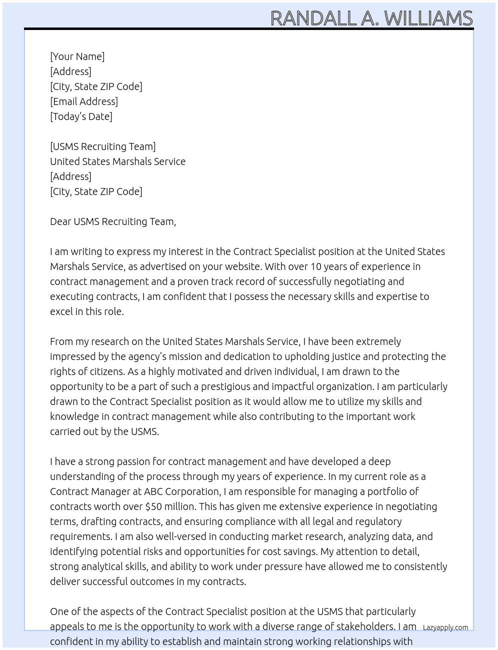 Contract specialist  At United States Marshals Service  Cover Letter