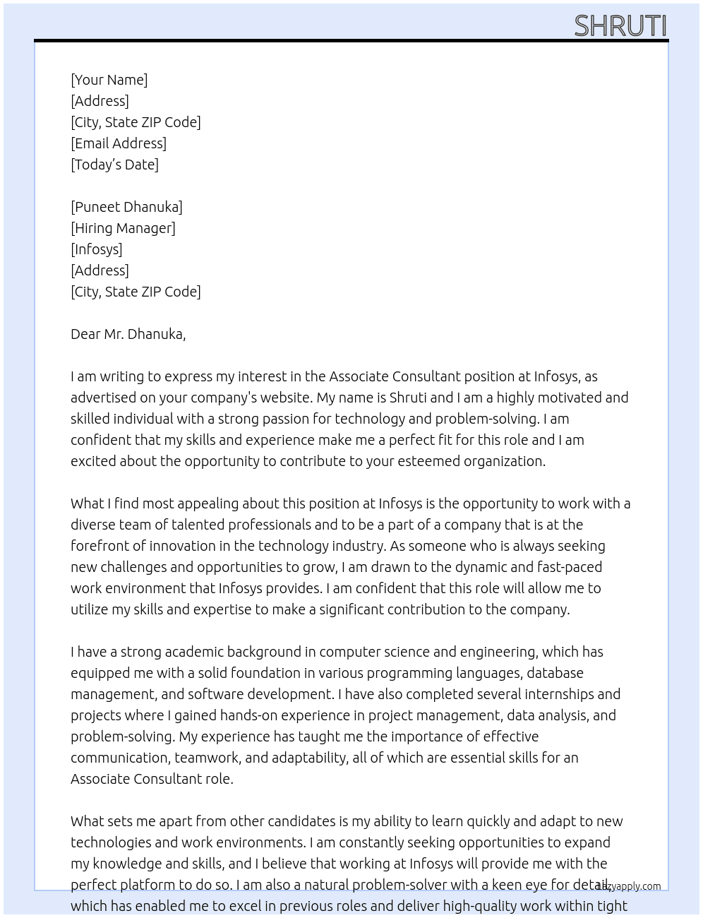 Associate Consultant At Infosys Cover Letter