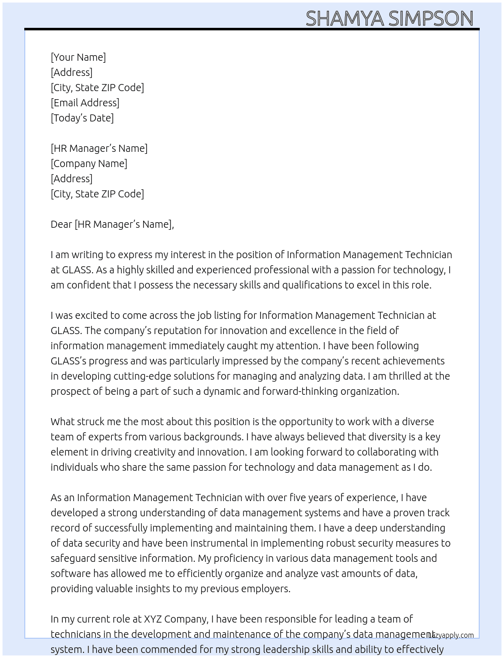 Information Management technician  At GLASS Cover Letter