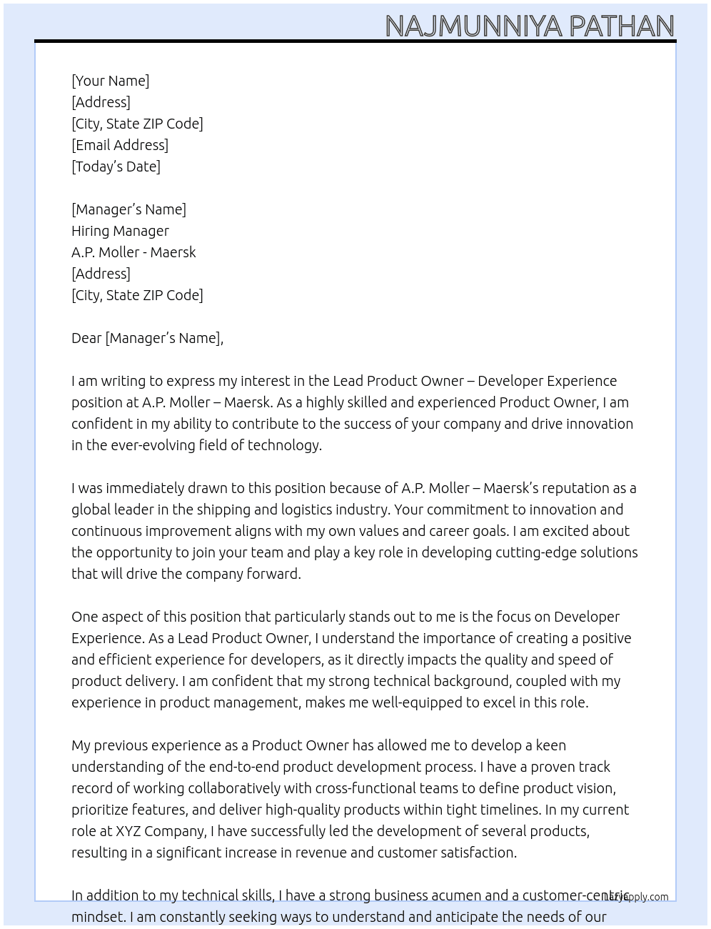 Lead Product Owner - Developer Experience  At A.P. Moller - Maersk Cover Letter