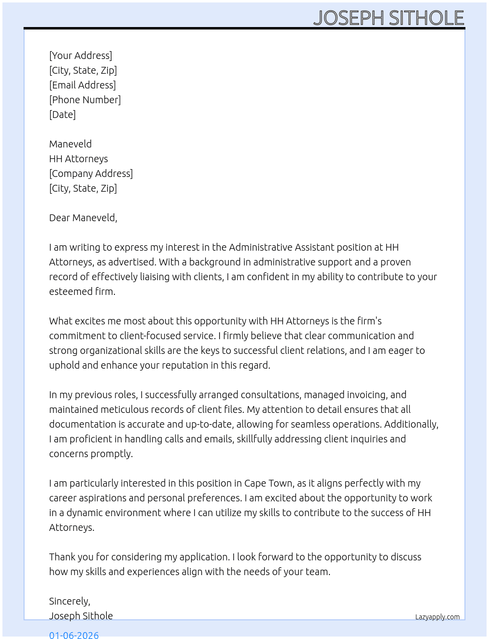 Administrative Assistant At HH Attorneys Cover Letter