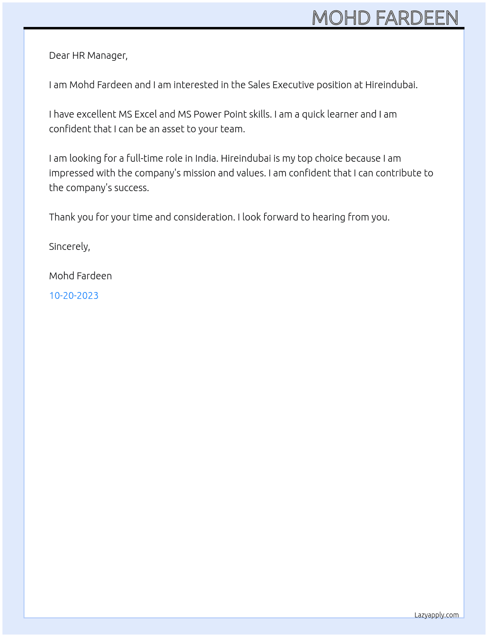 Sales Executive  At Hireindubai  Cover Letter