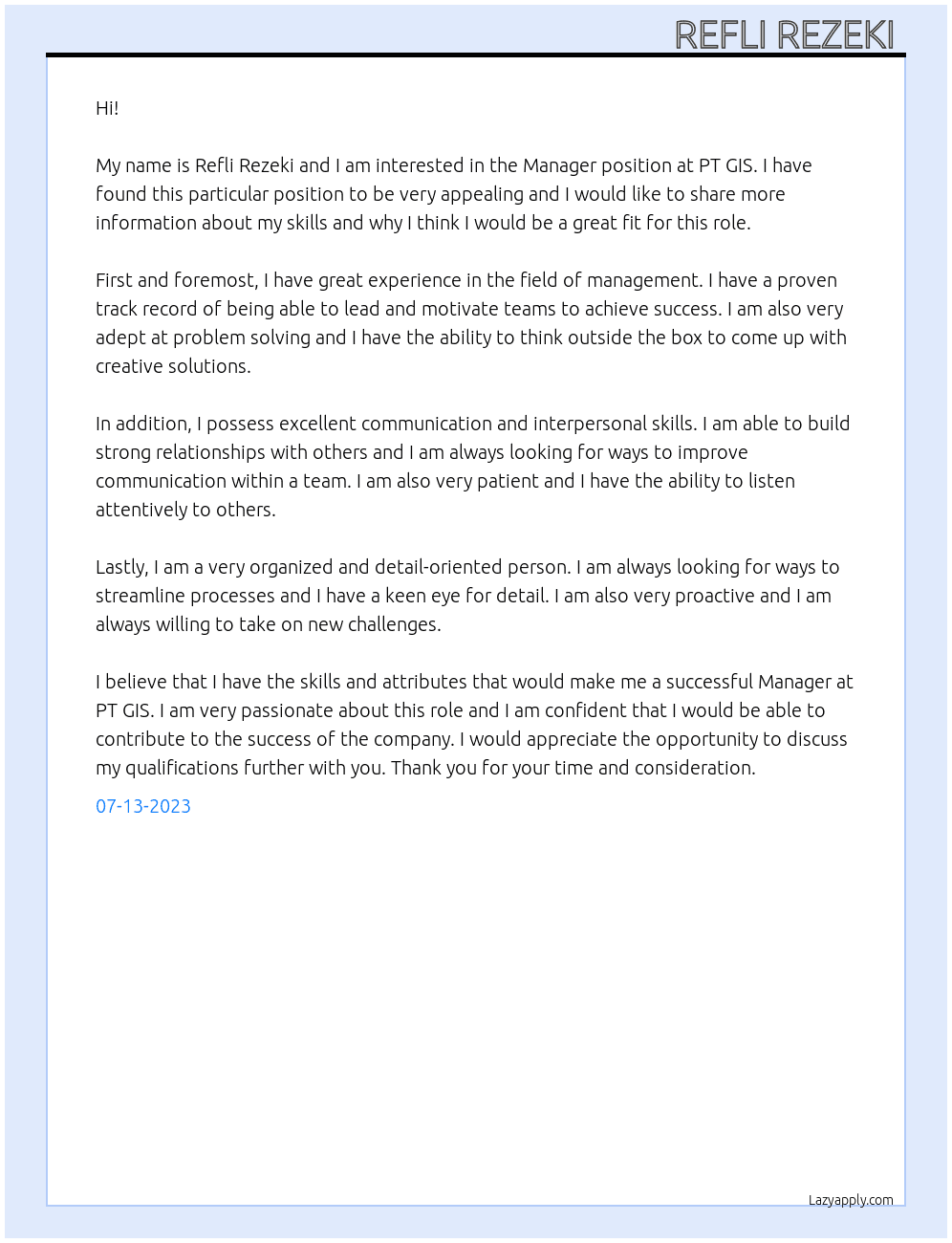 Manager At PT GIS Cover Letter