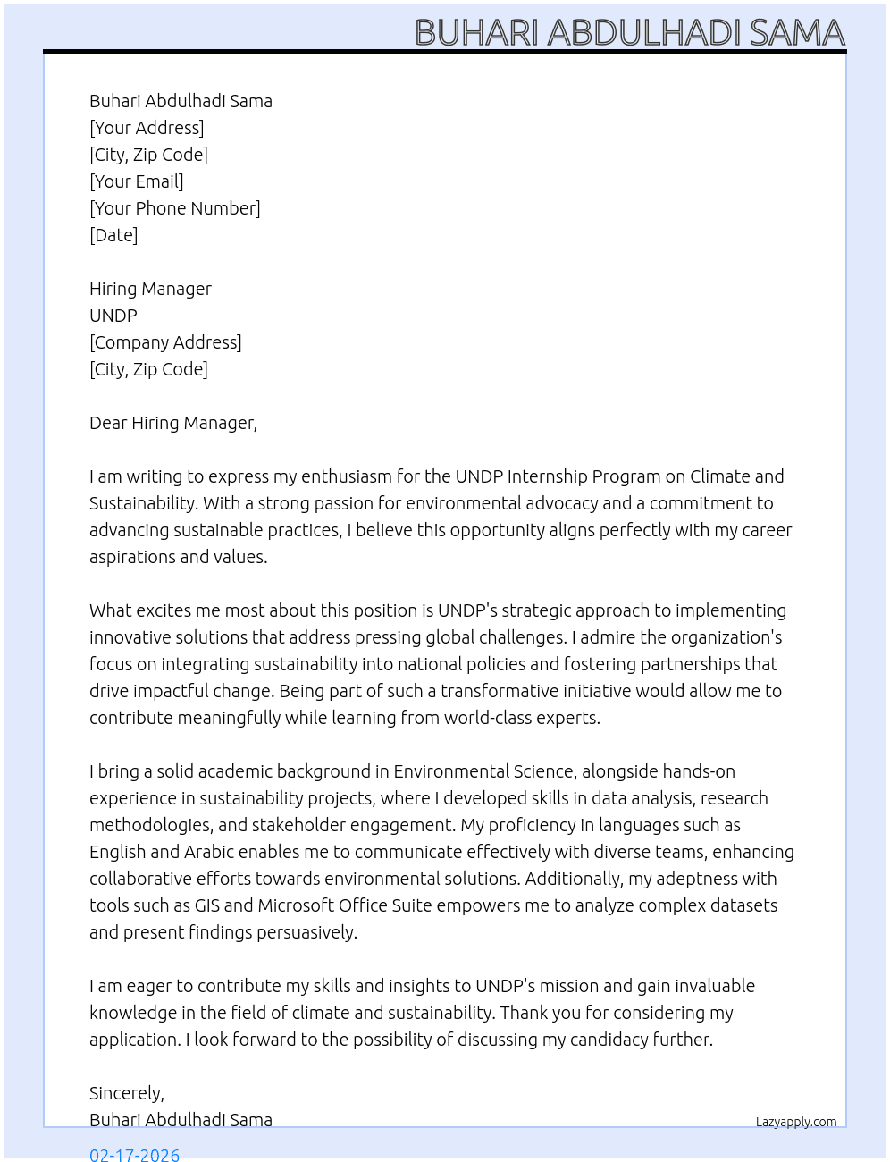 UNDP Internship program on climate and sustainability  At UNDP Cover Letter