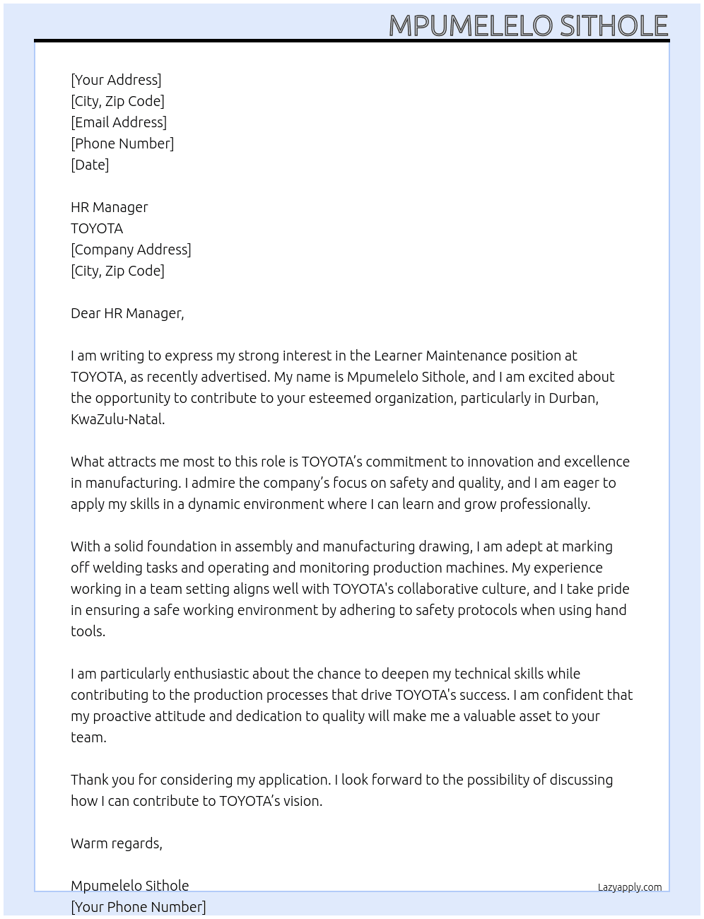 Learner Maintenance  At TOYOTA Cover Letter