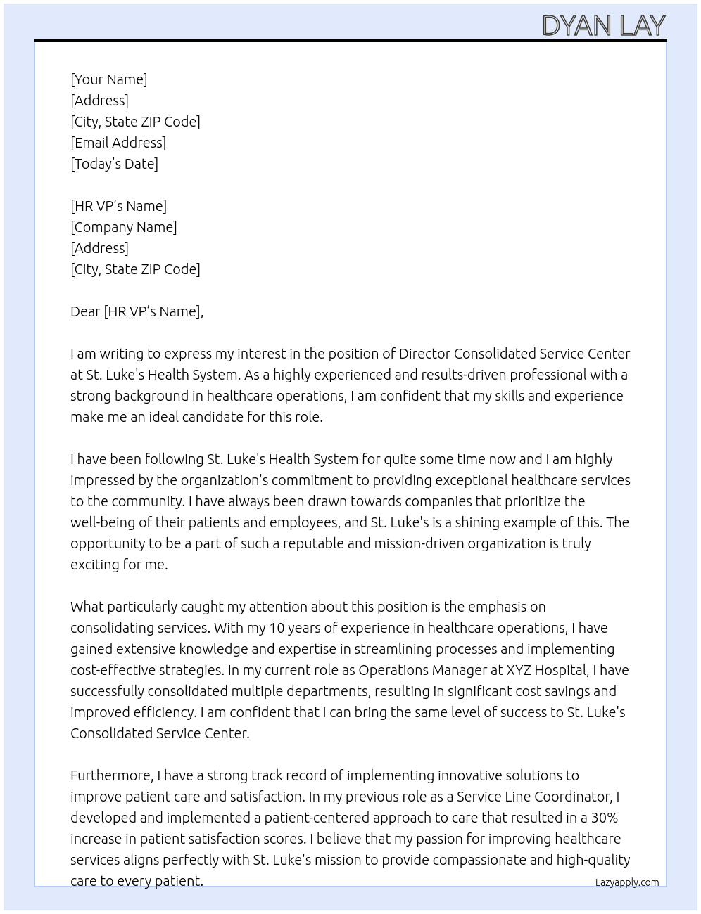  Director Consolidated Service Center At St. Luke's Health System Cover Letter