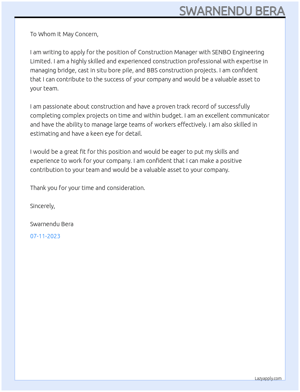 Construction Manager  At SENBO ENGINEERING LIMITED  Cover Letter