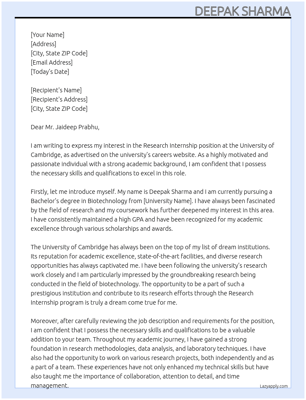 Research Internship At University of Cambridge Cover Letter