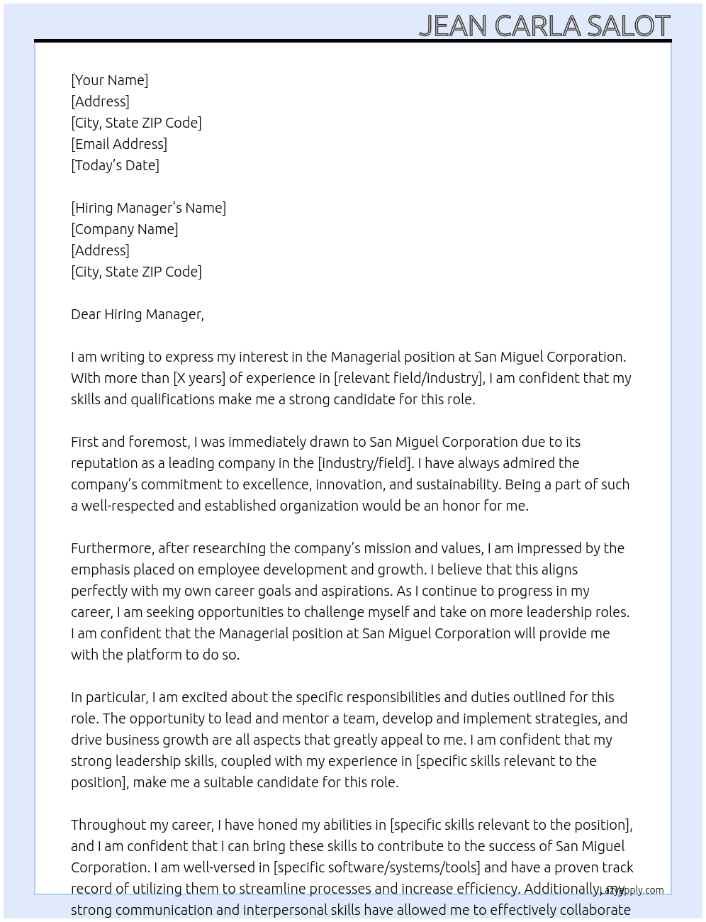 Managerial position  At San Miguel Corporation  Cover Letter