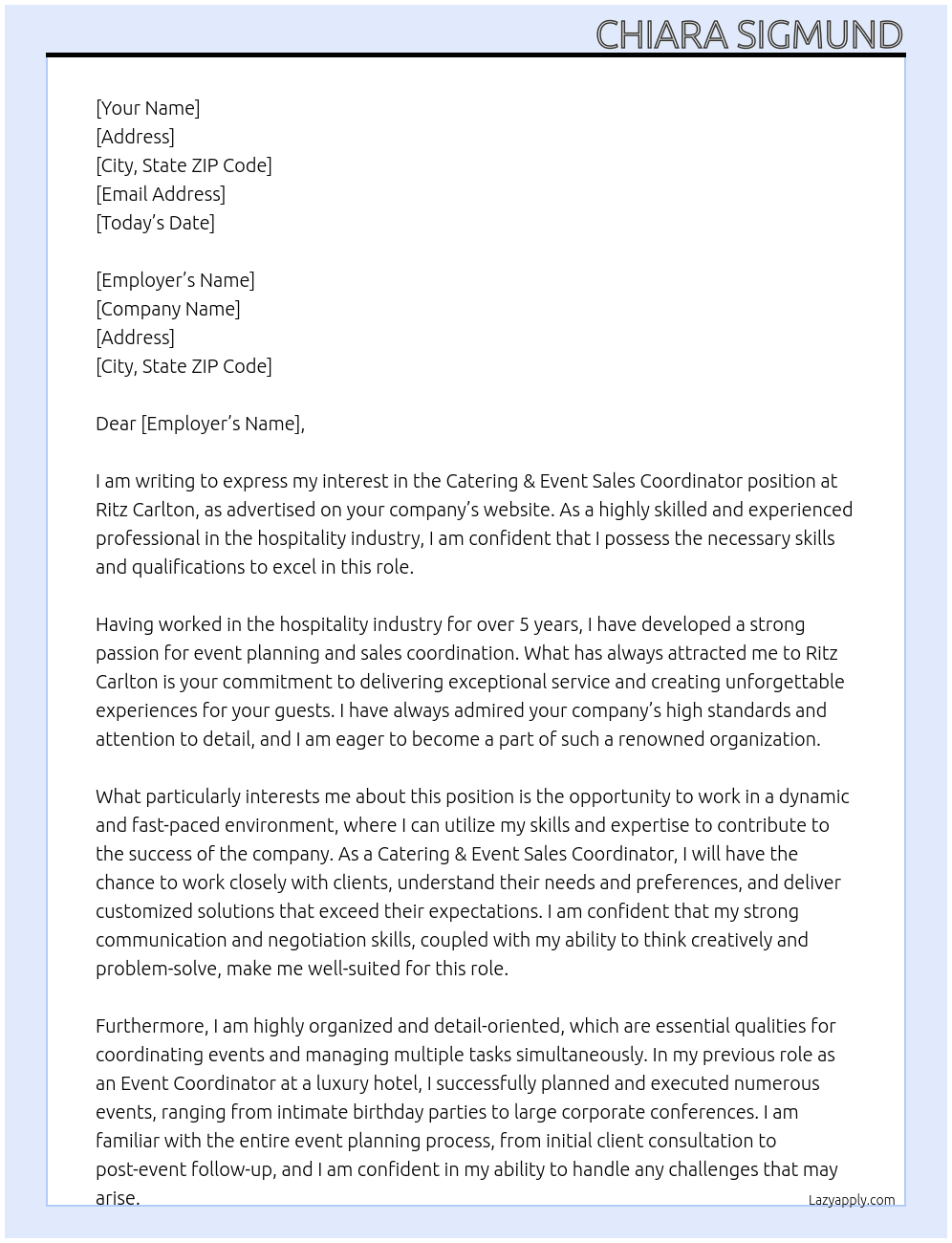 Catering & Event Sales Coordinator At Ritz Carlton Cover Letter