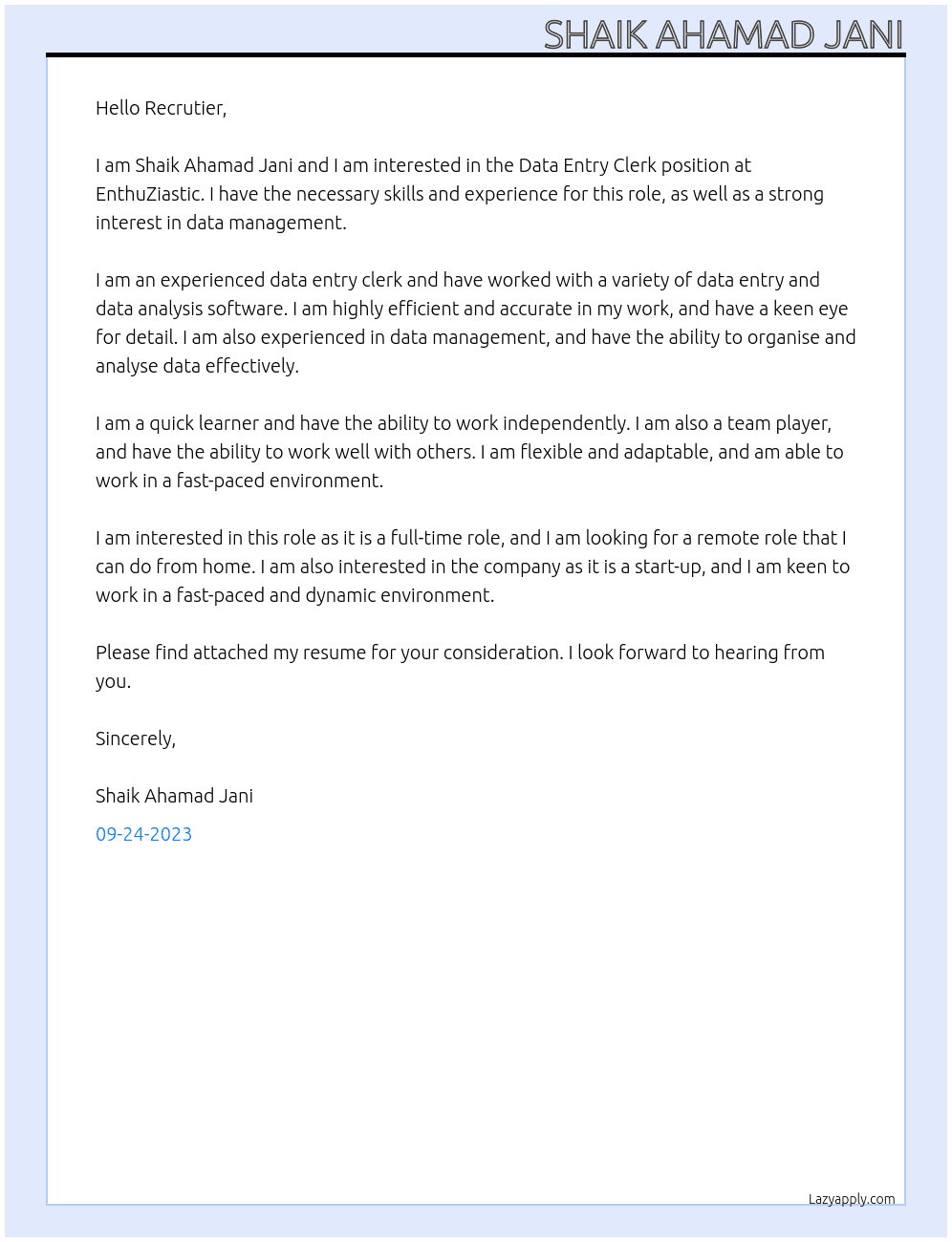 Data Entry Clerk At EnthuZiastic Cover Letter